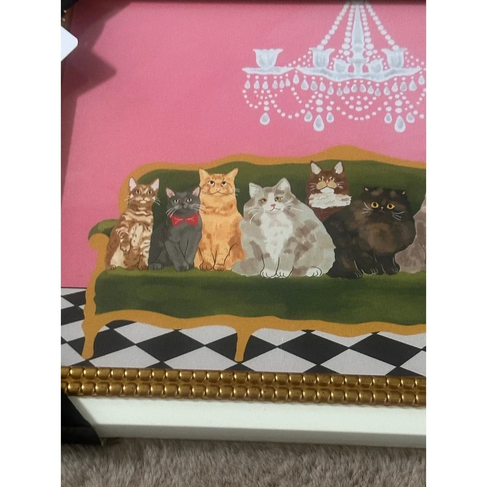 Sapna Shah Cats on Sofa Framed Wall Art Pink Gold White Whimsical Decor